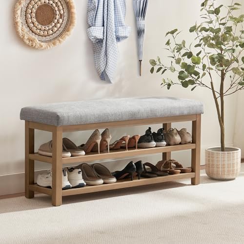 Zihanhome Shoe Rack Bench with Cushion, 2 Tier Solid Wood Storage Bench, Mid-Century Modern Shoe Bench for Entryway, Hallway, Closet, Front Door Entrance, Foyer (Grey, 46.5") - color: Grey, size: 46.5"