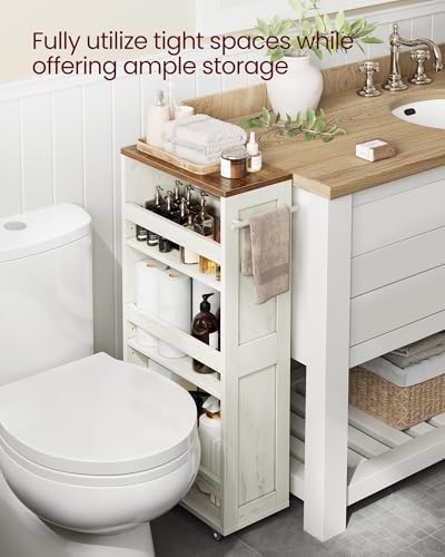 VASAGLE 4-Tier Slide-Out Storage Cart, Slim Kitchen Cart for Small Spaces, with Wheels, Handle, Bathroom, Laundry Room, 7.9 x 17 x 34.1 Inches, Rustic White and Honey Brown ULRC051K01 - color: Rustic White + Honey Brown, size: 7.9"d