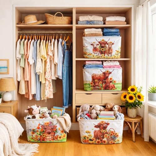 4 Pcs Highland Cow Storage Bin Collapsible Western Cow Themed Fabric Storage Basket with Handle American Country Style Organizer for Home Bedrooms Baby Clothes Toys Books - style: Highland Cow