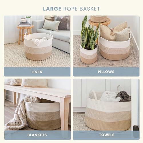 OrganiHaus Large Woven Storage Basket for Blankets and Toys 20" x 13" Inch, Rope Laundry Basket with Handles, Cushions & Pillows Storage Bin, Nursery Hamper, Soft Round Dog Toy Bin - Honey - color: 3-toned Honey, size: Wide
