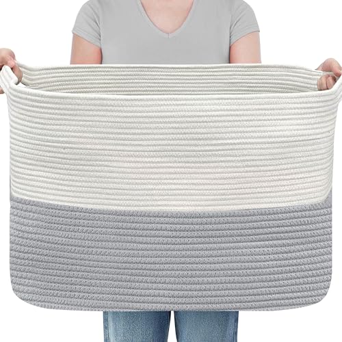 MEGASKET XXXXL Blanket Basket, 25" x 16" x 16"(108L) Rectangle Basket for Blankets Living Room, Extra Large Wicker Woven Blanket Pillow Storage Bin, Soft Kids Dog Toy Box Storage Bin Organizer - color: White & Gray, size: 25"x16"x16"