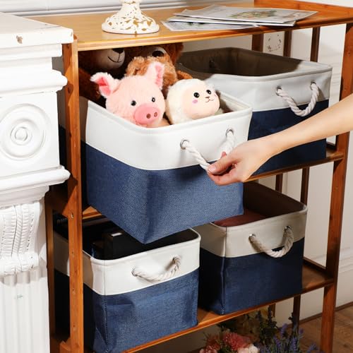 meekoo 8 Pack Collapsible Storage Bins Fabric Storage Bins Polyester Fabric Baskets with Handles Linen Closet Organizer for Shelf Home Closet Towels Toys(12 x 12 x 12 in,Blue White) - color: Blue White, size: 12 x 12 x 12 In
