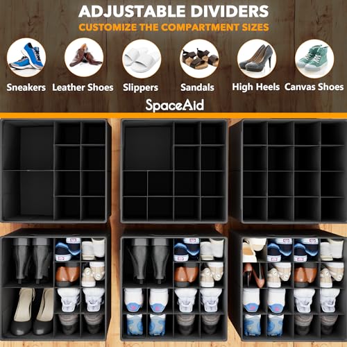 SpaceAid Shoe Organizer for Closet, 2 Pack Foldable Shoe Storage Containers Baskets Boxes Bins w/Adjustable Dividers, Fits 16-32 Pairs, Black - color: Black