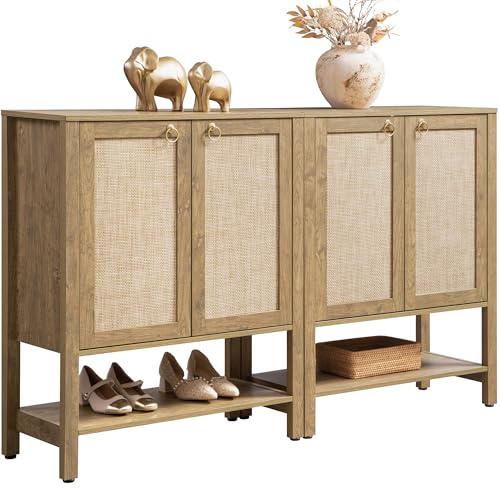 SICOTAS Shoe Storage Cabinet for Entryway - 5 Tier Rattan Entry Shoe Organizer Cabinet with Shelves & Doors, 2 Pieces Farmhouse Boho Shoe Rack for Hallway, Living Room, Closet (Carbon Cherry) - color: Carbon Cherry, size: 2 Pieces