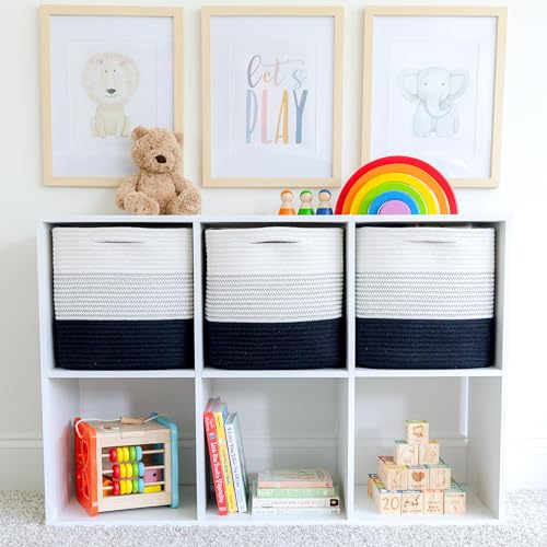 NaturalCozy Storage Cubes 11 Inch Cotton Rope Woven Baskets for Organizing, 3-Pack | Cube Storage Bin | Square Storage Baskets for Shelves Organizer, Classroom, Kids Toy Bins, Closet, Baby Nursery - color: 3-Tone Black