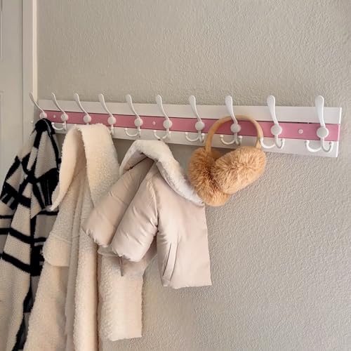 SKOLOO Coastal Wall Mounted Coat Rack - 38-1/8" Beach House Entryway Wooden Coat Hook with 10 Hooks for Hanging Coats, Hats or Towels, Oceanfront Cottage Core Collection, White & Palm Beach Pink - color: Pink & White Plates & White Hook, size: 1 Item-10 H