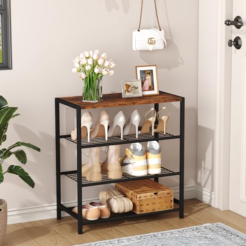 HOMEFORT 4-Tier Shoe Rack Organizer, Shoe Tower for Closet, Shoe Storage Shelf with MDF Top Board, Each Tier Fits 3 Pairs of Shoes, Entryway Shoes Organizer with Sturdy Metal Shelves, Rustic Brown - color: Rustic Brown, size: 4-Tier (11.8"D x 23.23"W x 24