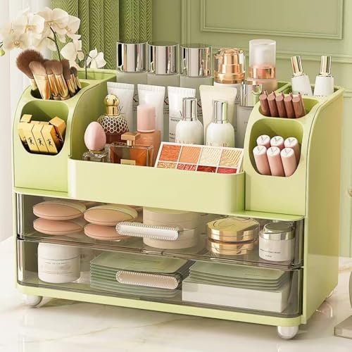 Makeup Organizer with Drawers for Vanity,Bathroom Countertop Organizer with Brushes Holder,Skincare Storage Organizer,Perfect Cosmetic Display Case for Skincare,Lipstick and Beauty Essential (Green) - color: Green