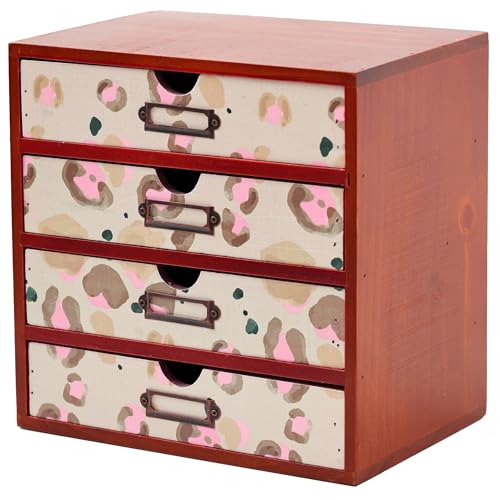 Leopard Print Wooden Desk Organizer - Animal Pattern 4-Drawer Desktop Storage - Modern & Rustic Wood Cabinet for Office Supplies, Craft Tools, & Home Organization - Artistic Drawer Unit - color: Earth and Pink Leopard