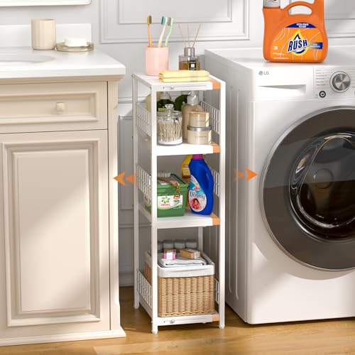 4 Tier Expandable Slim Storage Shelf, Metal Shelving Unit for Bathroom Storage Organizer, Freestanding Narrow Shelf for Small Spaces, Open Floor Shelves for Bathroom, Laundry Room, Kitchen,White - color: White, size: 4-tier