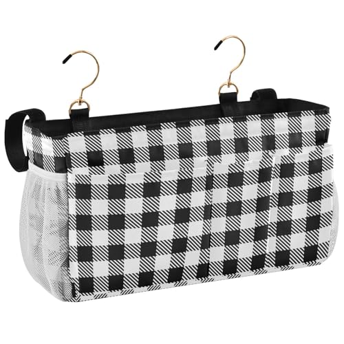 Buffalo Plaid Check Black Print Bedside Caddy Storage Bag Bedside Organizer for Bunk Bed Headboards College Organizer Caddy Hanging Shelf 6 Pockets with Hooks for Drinks Magazine Phone Holder - color: Buffalo Plaid Check Black