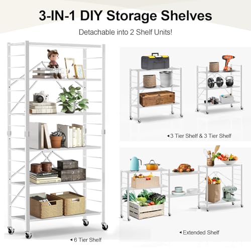 Himix 6 Tier Foldable Storage Shelves, Expandable Folding Bookshelf with Wheels, Changeable into 2 Shelf Units, Collapsible Adjustable Storage Rack Metal Shelves for Garage Kitchen, Basement, White - color: White, size: 6-Tier