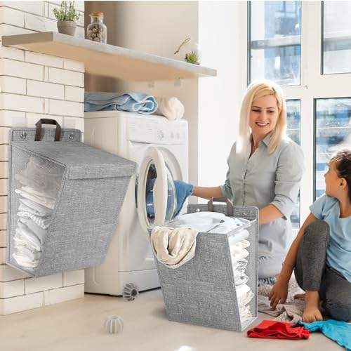 Wall Hanging Laundry Basket, Collapsible Laundry Hamper with Handle & Laundry Balls,Space-Saving Foldable Storage Dirty Washer Organizer Bin Multi-function Container Durable, Set of 2 (Grey) - color: Grey