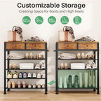 Kitstorack Shoe Rack, 4 Tier Shoe Organizer for 9-12 Pairs of Shoes, with 2 Drawers, 3 Fabric Shelves and Wooden Top, Shoe Rack for Closet Entryway, Rustic Brown