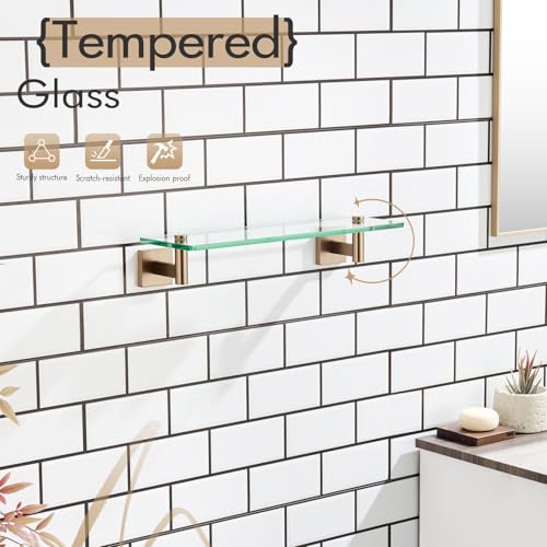 KOKOSIRI Wall Shelves Bathroom Hardware Glass Floating Shelf 16-Inch for Bedroom, Living Room, Kitchen, Hanging Rack Champagne Bronze B1105CPG-L16 - color: Champagne Bronze, size: 16-Inch