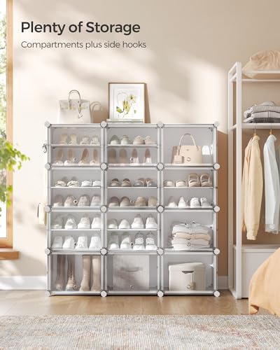 SONGMICS Shoe Rack Organizer, 12-Tier Shoe Storage Cabinet for Closet and Entryway, Holds 48 Pairs of Shoes, Adjustable, Cloud White and Trasparent ULPC040W01 - color: Cloud White + Trasparent, size: 12 Cubes