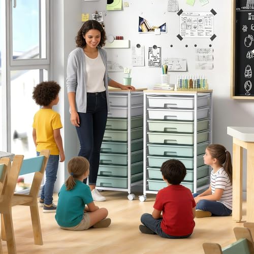 Rolling Storage Utility Cart Organizers with 8 Drawers and Wooden Tabletop for Living Room,Office,Classroom,Craft Room,Bedroom,Dorm,Green - color: Green