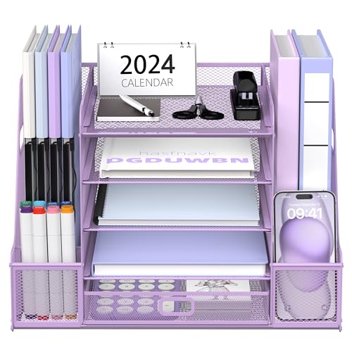 SUPEASY Mesh Desk Organizer with File Holder, 5-Tier Paper Letter Tray Organizer with Magazine Holder, Desktop Organizer and Storage with Drawer for Office Supplies Home or School (Purple) - color: Purple
