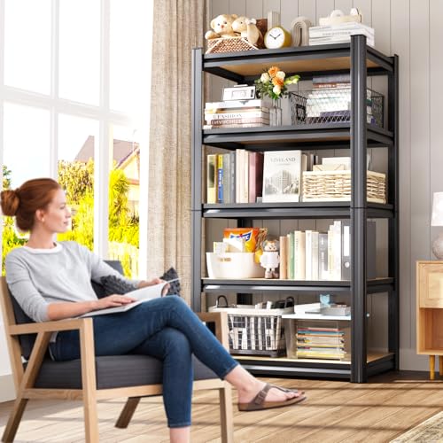 Garage Shelving Heavy Duty 5-Tier Storage Shelves, Adjustable Shelving Unit, Utility Garage Organizer Shelf for Basement, Pantry, Kitchen, Warehouse,Supermarket, 12" Dx28 Wx71.2 H, Black - size: 5-Wood-12"Dx28"Wx71.2"H