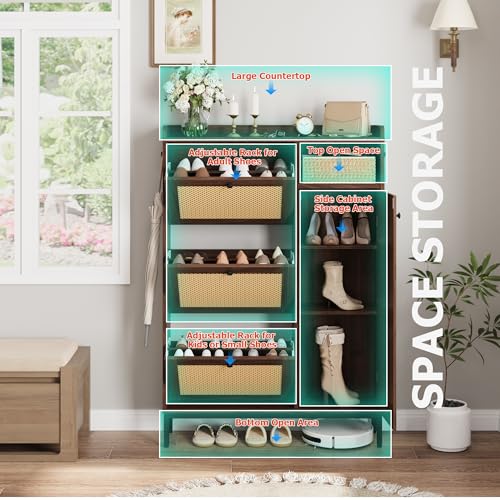 GarveeHome Shoe Cabinet Rattan with 3 Flip Drawers and 4-Tier Shoe Storage Cabinet, Freestanding Shoe Organizer with Adjustable Shelves for Entryway, Closet, Hallway - color: Walnut, size: 3-Drawers + 1-Door