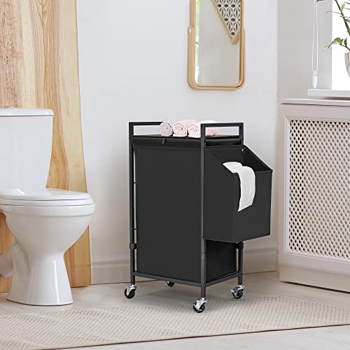 Laundry Hamper with Rustic Brown Lid & Wheels; 96L Large Rolling Laundry Basket with Removable Oxford Liner Bag; Tall Freestanding Dirty Clothes Hamper with Side Pocket; Metal Frame Laundry Cart - color: Black