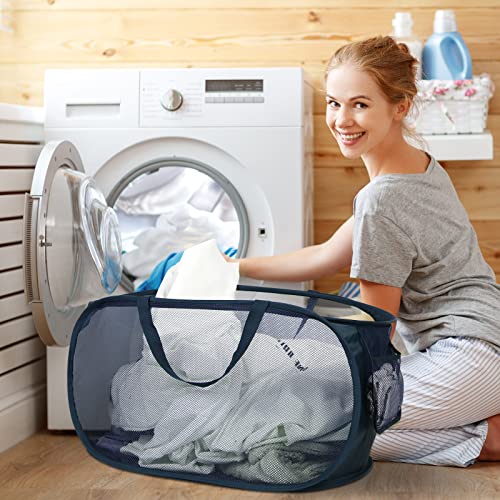 Durable Collapsible Laundry Baskets, Mesh Pop Up Laundry Hamper with Side Pocket, Foldable Clothes Storage Hamper with Reinforced Carry Handles for Laundry, Bathroom, Kids Room, Dorm or Travel Navy - color: Navy Blue