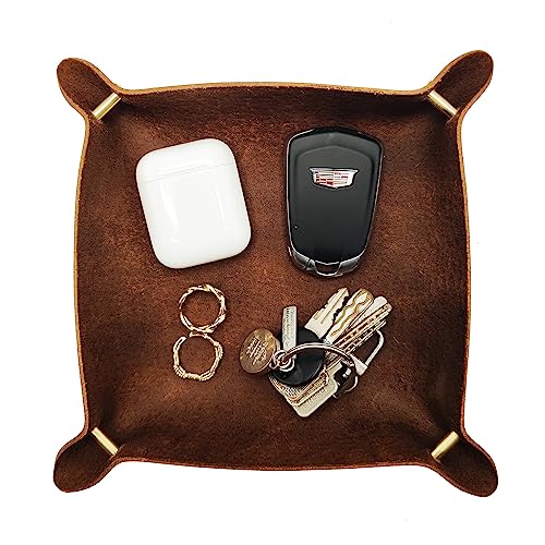 Leather Valet Tray Entryway Catchcall Tray Nightstand Organizer Storage for Wallets Watches Keys Holder Dish Bowl Coins Office Desk Accessory (Antique Brown-Oil Wax Leather). - color: Antique Brown-oil Wax Leather