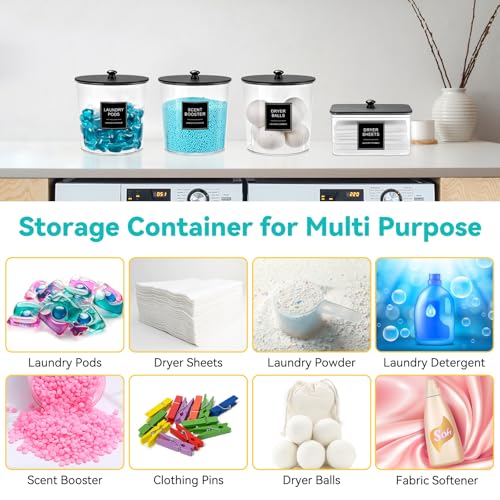 Laundry Pods Container & Dryer Sheet Holder, Laundry Room Organization and Storage Jars with Lids, Labels & Scoops for Powder Detergent Scent Booster, Black Lid - color: Black