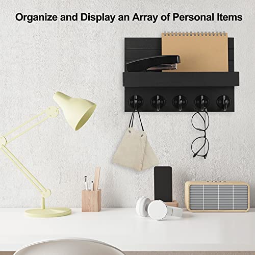 Lwenki Key Holder for Wall, Decorative Key and Mail Holder with Shelf Has Large Hooks for Bags, Coats, Umbrella – Paulownia Wood Key Hanger with Mounting Hardware (9.8”W x 6.7”H x 4.2”D) - color: Black