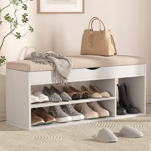 Apicizon 39 Inches Storage Bench with Padded Cushion, Shoe Bench with Storage Space, Upholstered Entryway Bench for Living Room, 2-Tier Shoe Rack Organizer, White - color: A-white, size: 39 Inch