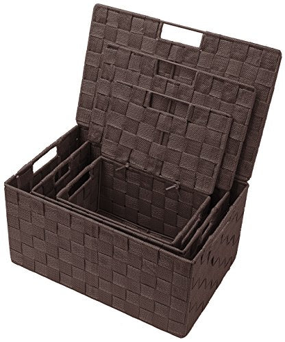 Sorbus Set of 3 Hand-Woven Storage Baskets with Lids – Decorative Wicker Organizers for Home, Closet, or Shelves (Choclate) - color: Chocolate
