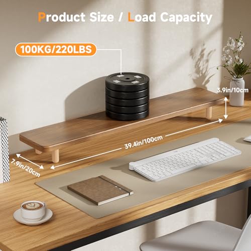 Dual Monitor Stand Riser, 39 Inch Extra Long Wooden Desktop Monitor Riser with Storage for 2 Monitors Ultra Strong Desk Shelf Organizer Riser Ergonomic for 2 Screens/Laptop/PC/TV/Printer (Walut brown, 39inches) - color: Walut brown