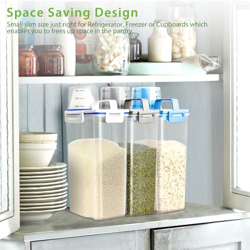Viretec Rice Airtight Storage Container, 3 to 5Lbs Cereal Dry Food Flour Bin, Pet Dog Cat Food Dispenser with Measuring Cup, BPA Free Clear Plastic Kitchen and Pantry Organization Bin for Sugar, Pasta - color: 3L/Blue