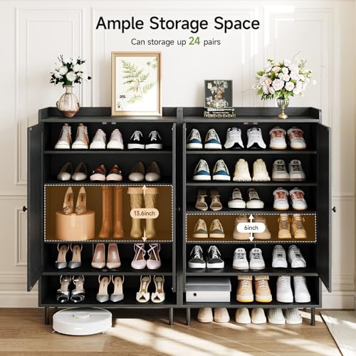 ComfyCorner Black 7+1 Tier Farmhouse Shoe Storage Cabinet - 45" Tall Entryway Organizer with Cross Molding Doors, 3 Adjustable Shelves & Metal Legs, Shoe Rack for Front Door Entrance - color: Black