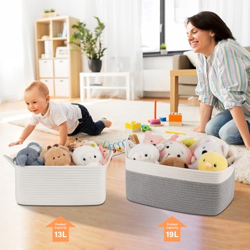 OIAHOMY 19L Woven Basket, Gift Basket Empty with Gift Bags and Ribbons, Rope Baskets for Baby Showers, Storage Baskets with Handles for Nursery, Pet Toy Organizer - Grey & White - color: Grey & White, size: Large: 15.35L*11.42W*6.7H