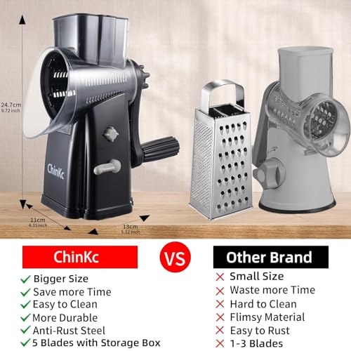 Upgrade Rotary Cheese Grater Shredder with Handle, Strong Suction Base, Multi-purpose Rotary Grater Slicer with 5 Interchangeable Blades for Ice, Vegetables, Fruit, Nuts with Blade Storage Box - color: Black