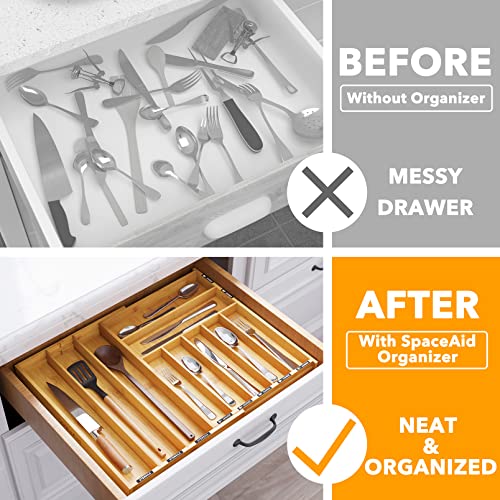 SpaceAid Bamboo Silverware Drawer Organizer with Labels, Kitchen Utensil Expandable Tray Holder Organizer for Flatware, Cutlery, Spoon and Knives Drawer Storage Organization (Natural, 10 Slots) - color: Natural