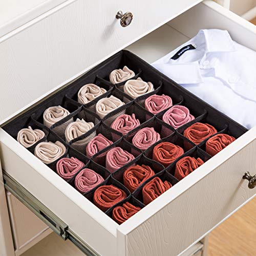 Qozary 2 Pack Socks Underwear Drawer Organizer Divider, 24 Cell or 16 Cell Collapsible Cabinet Closet Organizer Storage Boxes for Clothes, Socks, Lingerie, Underwear, Ties - color: Black, size: 24 Cells