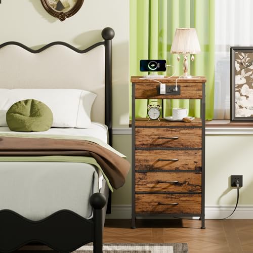 Furnulem Night Stand with Charging Station, Small Dresser with 4 Fabric Drawers, 33.3 Inch Tall Bedside Table, Storage Tower for Closet, Entryway, Bedroom Furniture, 3 Ways to Use, Rustic Brown - color: Rustic Brown, size: 4 Drawer