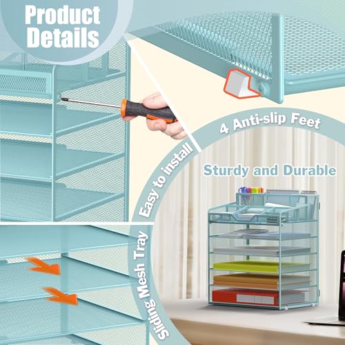 Docnest 6 Tier Mesh Desk Organizer for Paper Office Supplies – Multi-Functional Letter Tray with 5 Adjustable Compartments, 7 Pen Holders, Desktop Storage for Files, Mail, Stationery – Blue - color: Blue, size: 12.7" x 9.1" x 15.5"