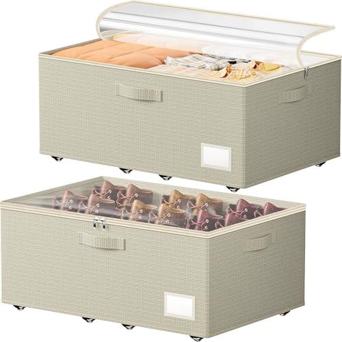 Dayacoco Underbed Storage with Wheels, 2 Pack Under Bed Storage Containers with Clear Lids, No Assembly Required 10.1 inch Rolling Under Bed Storage for Clothes, Beige - size: 10.1 inch height-beige