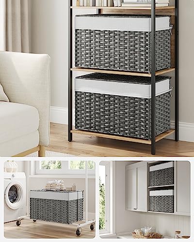 SONGMICS Storage Basket with Lid, Woven Blanket Storage Bin with Handles, Foldable, Removable Liner, Metal Frame, for Bedroom, Laundry Room, 27.7 Gallons (105 L), Gray URST066G01 - color: Gray, size: 105 L