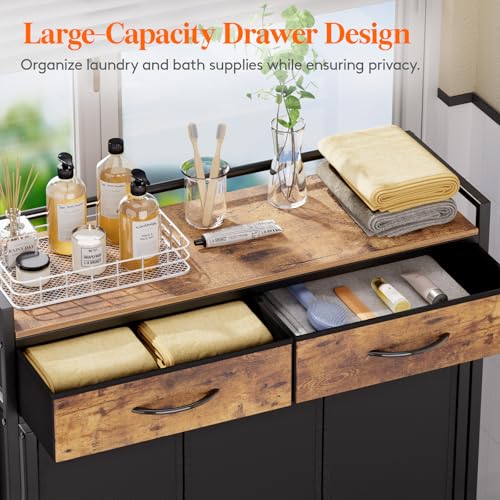 Lifewit Laundry Hamper 3 Section, Large Rolling Laundry Sorter with Shelf & 2 Drawers, Pull-Out Laundry Basket Organizer with Wheels and Removable Bag for Laundry Room Bathroom, Rustic Brown and Black - color: Rustic Brown