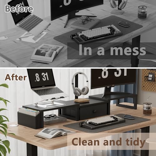 LAND·VOI Dual Monitor Stand with Drawer and Side Pockets, Monitor Riser for Desk, Home Office Desk Storage, Multi-Scenario Adaptation for Work and Entertainment, Black, HMS02BK - color: Black, size: Separate-Type