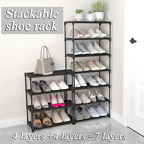 4-Tier Small Shoe Rack .Stackable Shoe Shelf Storage Organizer for Entryway Hallway Closet Bathroom Living Room (Black) - color: Black