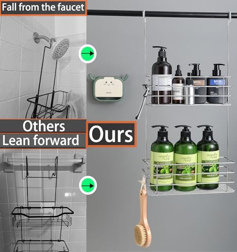 Hanging Shower Rack Shower Caddy with Rotatable Hook bar Over the Door and Can be Hung on the Faucet or Claw Foot, 304 Stainless Steel Rust Proof and Durable (Double-Layer) - color: Silver, size: 2-Tier