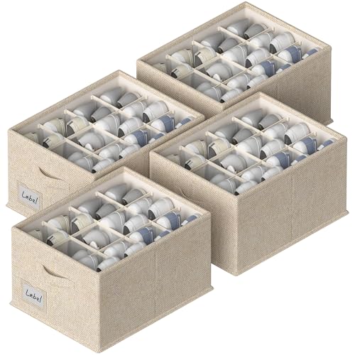 FHSQX 4 Pack Shoe Organizer for Closet,Foldable Shoe Organizer,Fits up to 48 Pairs,Storage Containers With Bottom Support for Shoes (Beige, (16.5 * 12.6 * 9.5) x4) - color: Beige