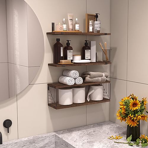Fixwal Bathroom Floating Shelves Over Toilet, 15.8in Farmhouse Rustic Wood Shelves, Wall Decor for Bathroom, Living Room, Bedroom and Kitchen (3 Plus 1 Tier Dark Brown) - color: Dark Brown