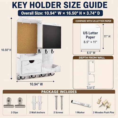 Key Holder Wall Mount， Mail Organizer Key Holder for Wall with Shelf, Drawer, Chalkboard, Corkboard, Home Decor Wall Mounted for Room Entryway(Whitewashed) - color: Washing white, size: Vertical