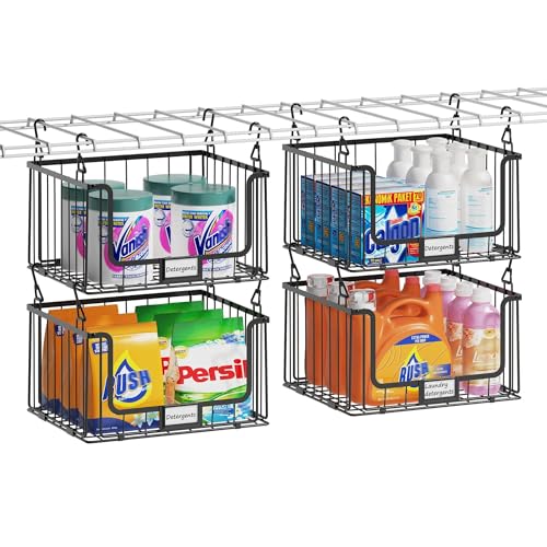 4-Tier Hanging Laundry Room Organizer with Label Cards,Foldable Wire Shelf Basket with 4 Rotating Hooks,Stacked Laundry Basket Organizer,Storage Rack for Laundry Rooms,Closet and Pantry-Black - color: Black, size: 4Tier-15"D x 11"W